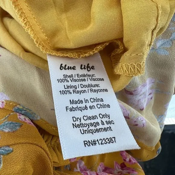 Blue Life Romper Womens M Yellow Floral Ruffle Smocked Strapless Mini Bohemian - Picture 4 of 4